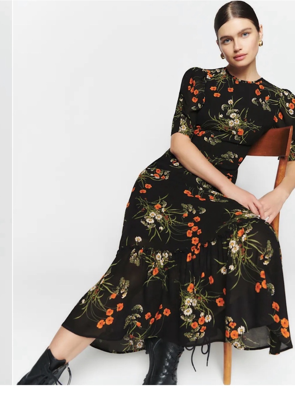 Reformation Black Floral Midi Dress with Orange and Green Print - Picture 4 of 7